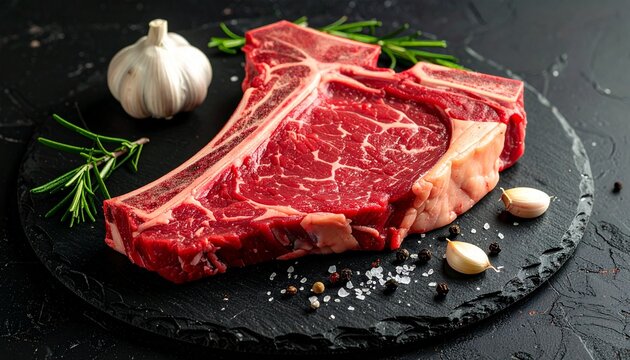 Raw T-bone steak on black slate with rosemary, garlic, and pepper—highlighting premium cuts and rustic culinary aesthetics.