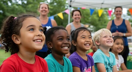 Children smiling and looking up at something during an outdoor event