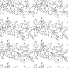 Drawing olives branch seamless pattern border. Hand drawn floral illustration olive fruit, tree branches, leaves isolated background black. Drawings food. Edible foliage. For menu, wrapping card gift