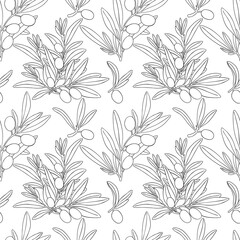 Seamless pattern drawing olive branch green decor. Hand painted floral illustration olives fruit tree branches leaves background black. Drawings food. Edible foliage. Fabric, wrapping, menu