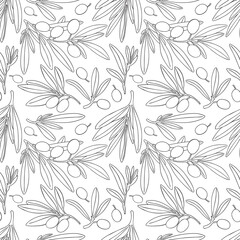 Seamless pattern drawing olive branch green decor. Hand painted floral illustration olives fruit tree branches leaves background black. Drawings food. Edible foliage. Fabric, menu, decor, wrapping.