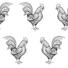 Tractor and haystack with the farm on a background. Vector ink styled handmade illustration. For packaging design, cards, cover, prints, product labels and fabric.