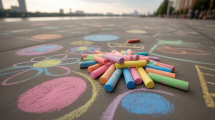 Colorful chalk drawings and chalk sticks on a paved surface