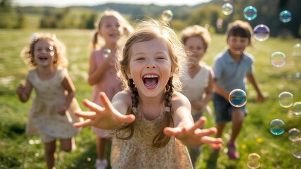 Joyful children playing with bubbles in a sunny outdoor setting