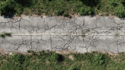 Abandoned asphalt road showing surface decay with large cracks and overgrown green grass, symbolizing neglect, forgotten places, and nature reclaiming infrastructure, viewed from overhead
