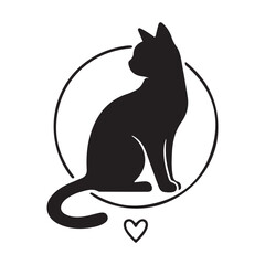 Vector Icon of Sitting Cat Silhouettes with Love Heart on White Background, Cute Cat Vector Illustration.