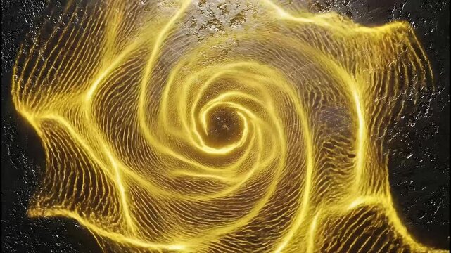 Golden swirl with center light on textured black background with scratches and rough patches