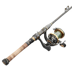 A detailed fishing rod and reel set with intricate design isolated on transparent background