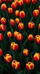 Fototapeta premium Classic springtime beauty captured with densely packed red and yellow tulips displaying fresh green leaves, symbolizing growth and seasonal change ,density ,growth ,freshness