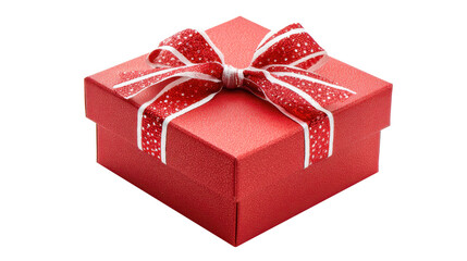 Red gift box with white polka dot ribbon and bow, symbolizing celebration, birthday, christmas, and anniversary, isolated with a transparent background for various uses