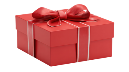 Red gift box with white ribbon and bow isolated on transparent background, symbolizing celebration, birthday, anniversary, and holiday surprises, offering a present for festive occasions