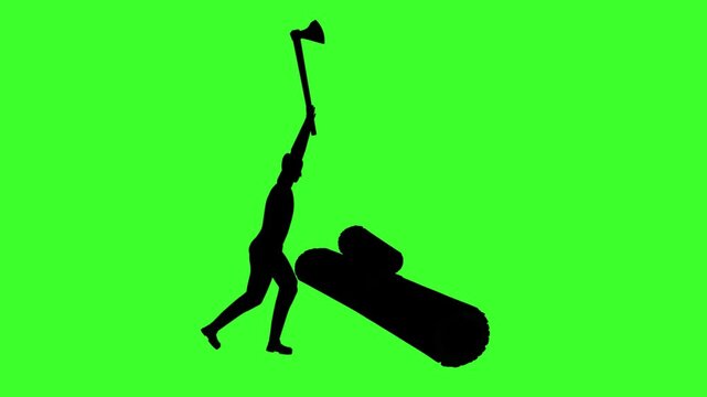 Silhouette man working with hatched ax cutting wood green screen
