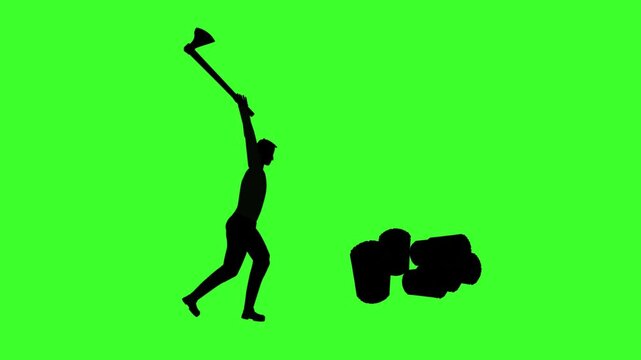 Silhouette man working with hatched ax cutting wood green screen