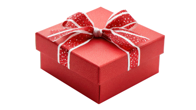 Red gift box with white polka dot ribbon and bow, symbolizing celebration, birthday, christmas, and anniversary, isolated with a transparent background for various uses