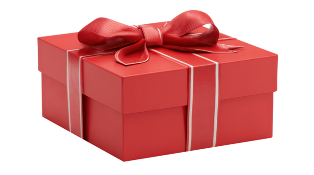 Red gift box with white ribbon and bow isolated on transparent background, symbolizing celebration, birthday, anniversary, and holiday surprises, offering a present for festive occasions