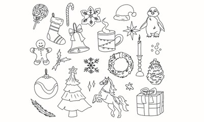 Black line Christmas set of design elements. New year hand drawn symbol set.