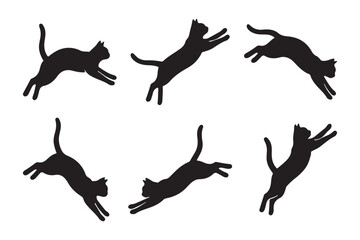Set of Jumping Cat Silhouettes on White Background.