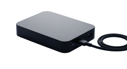 Modern Black External Hard Drive Connected to Cable on Black Background