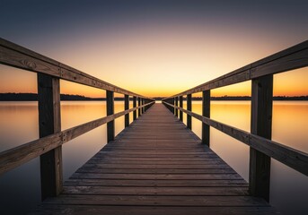 Serene waterscape featuring a long wooden dock extending into calm, reflective water, highlighted by warm, natural light and texture ,nature ,sunset ,material
