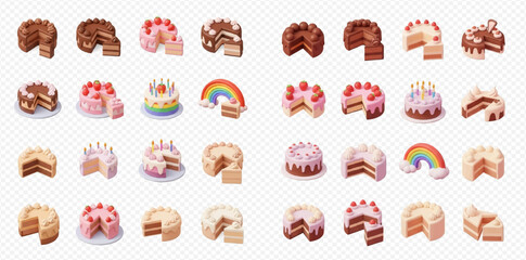 A large collection of various cakes and cake slices, including chocolate, vanilla, and fruit-topped designs, presented against a transparent background.