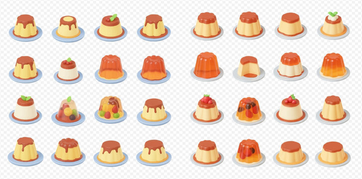 A collection of various sweet puddings and jellies on small plates, featuring different colors, shapes, and toppings.