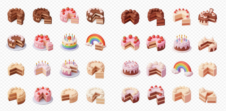 A large collection of various cakes and cake slices, including chocolate, vanilla, and fruit-topped designs, presented against a transparent background.