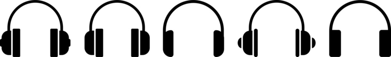 Row of black headphones on a white background