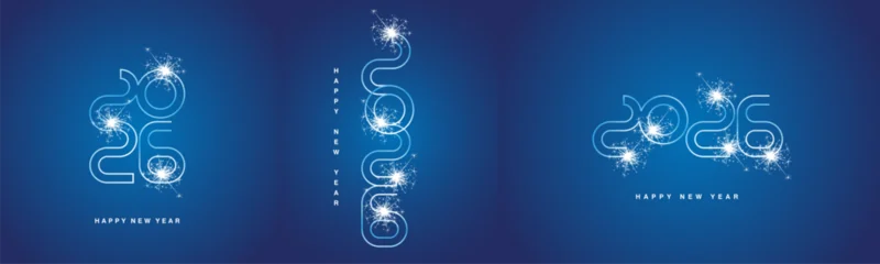 Selbstklebende Fototapeten Restaurant 2026 Happy New Year event ultra modern neon line design numbers typography. Set collection of 2026 white blue icon logo with sparkle firework for calendar, poster, banner and social media template  © simbos