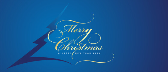 Merry Christmas and Happy New Year 2026 golden light elegant brush script calligraphy on cut out paper Christmas tree blue background greeting card