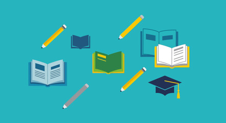 Educational books and pencils scattered on a teal background symbolizing learning and knowledge acquisition.