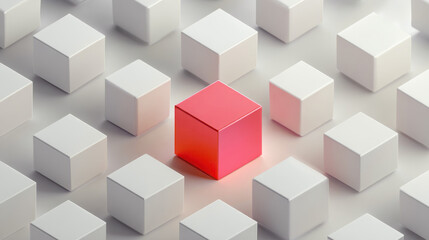 Obraz premium bright red cube glows prominently in the center of an array of matte white cubes, visually emphasizing individuality, boldness, and standing out from the crowd