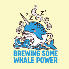 Cartoon narwhal sleeping in a cup with waves and steam illustration art