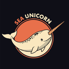 Illustration of a narwhal with a horn inside of an orange circle shape