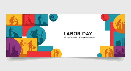 Labor Day Celebration with Diverse Workers Silhouettes and Colorful Geometric Design.