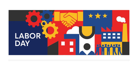 Labor Day Celebration with Gears Handshake and Industrial Elements.