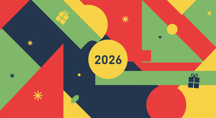 Festive 2026 New Year Celebration with Geometric Shapes and Gift Icons.