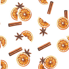 Seamless watercolor Christmas pattern with oranges, cinnamon, greenery, and spices. Festive citrus Christmas background.