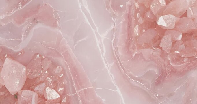 Ethereal rose quartz crystals glow with soft light amidst swirling pink marble textures, perfect for wellness and beauty brands.