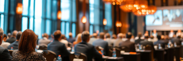 Obraz premium Audience of business professionals sitting in modern conference hall during presentation