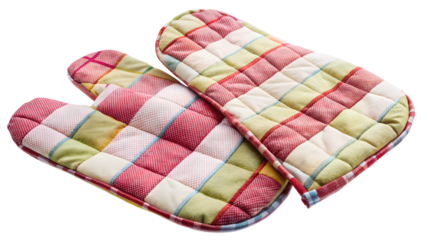 Pair of checkered oven mitts isolated on transparent background for kitchen safety use