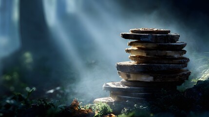Intricately Arranged Stack of Weathered Wood Slices in a Mist-Shrouded Ancient Forest with Serene Morning Light and Lush Foliage