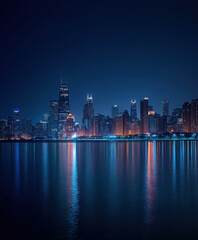 Fototapeta premium nighttime cityscape features a skyline glowing with lights that shimmer across a tranquil body of water, evoking urban beauty and peaceful modern energy