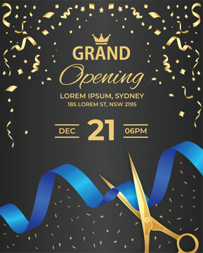 Premium grand opening flyer with blue ribbon and confetti on dark background