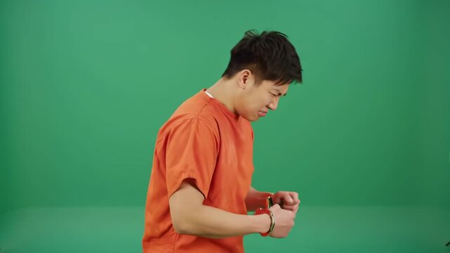 A young Asian man in an orange tshirt stands in profile against a green screen looking displeased and then nodding slightly conveying a range of emotions from annoyance to reluctant agreement or unde.