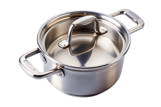 Stainless steel cooking pot with lid isolated on transparent background, top view