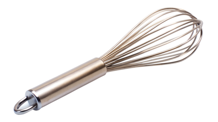 Closeup of a stainless steel whisk isolated on transparent background, a kitchen utensil for cooking
