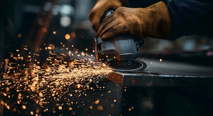 Worker using an angle grinder on metal, sparks flying in a dark workshop. Detailed view of industrial work, showcasing precision, strength, and craftsmanship in metal processing.