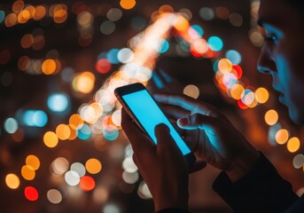 Person holding a glowing smartphone against a bokeh background of city lights