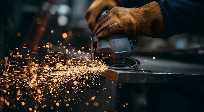 Worker using an angle grinder on metal, sparks flying in a dark workshop. Detailed view of industrial work, showcasing precision, strength, and craftsmanship in metal processing.