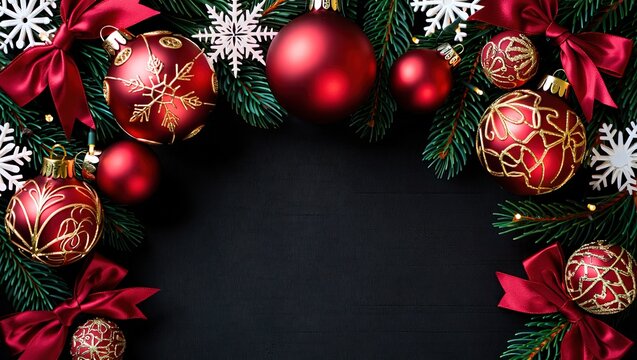 Elegante marco de Navidad con adornos rojos, ramas de abeto y lazos sobre fondo oscuro, ideal para saludos festivos con espacio para texto
